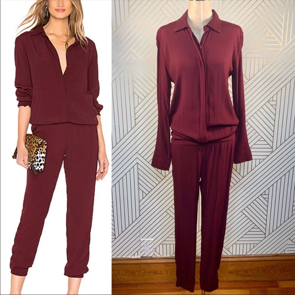 Monrow Maroon Crepe Long Sleeve Jumpsuit size small never worn